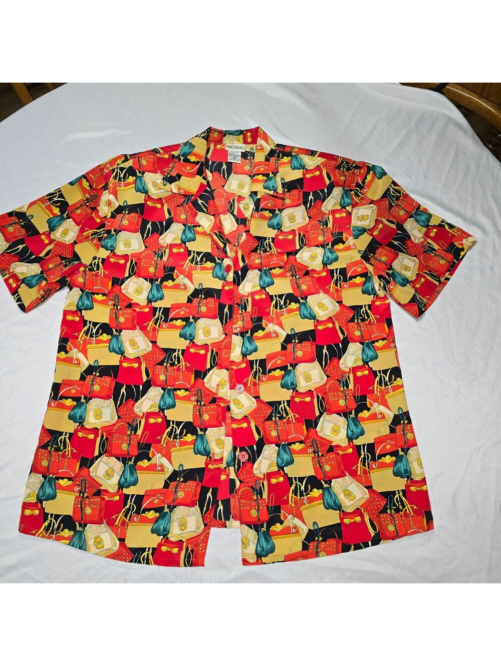 Vintage 90s Nicola Purse Pattern Blouse Size 14 Maximalist Novelty Camp Shirt
